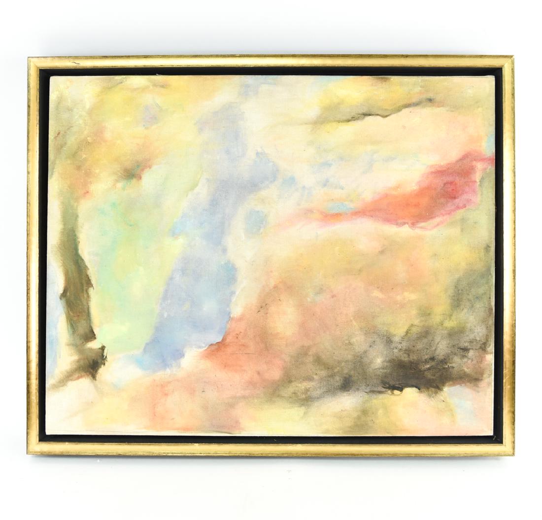 FRIEDEL DZUBAS, GERMAN (1915 - 1994) ABSTRACT 1976: Magna on canvas. Titled "Donau," signed, and dated on the verso, 1976. Dimensions: (Frame) H 26.75" x W 32.75", (Sight) H 24" x W 30" Condition: Couple scratches and small chips to frame. Some surface