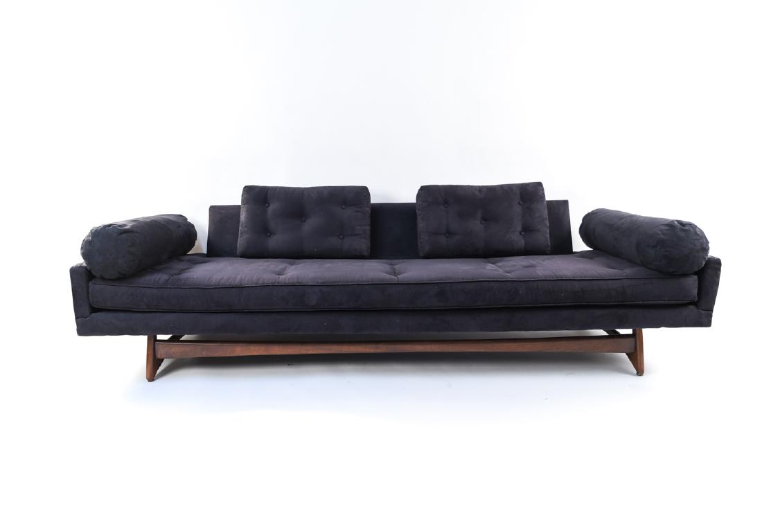 MID-CENTURY ADRIAN PEARSALL CRAFT ASSOCIATES SOFA: Dimensions: H 26" x W 102.25" x D 32" x SH 15.75" Condition: Light wear to legs, Legs and joints have been reinforced with glue and metal staples, upholstery may need light cleaning.