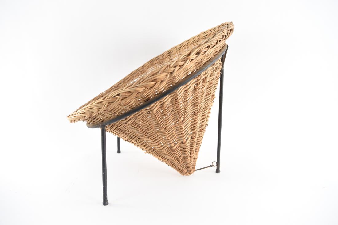 ROBERTO MANGO FOR TECHNO CHILDS BAMBOO CHAIR: Dimensions: H 21.25" x W 24" x D 20.5" x SH 9" Condition: Breaks and losses to wicker. Paint finish wear including light surface rust to base.