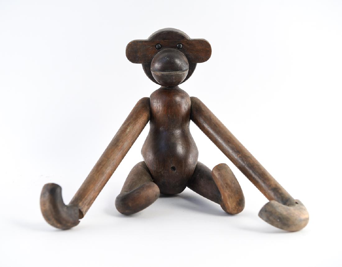 KAY BOJESEN LARGE ARTICULATED MONKEY: Dimensions: H 12.5" x W 15" x D 13.25" Condition: Surface wear consistent with age and use. Finish wear, some losses to wood.