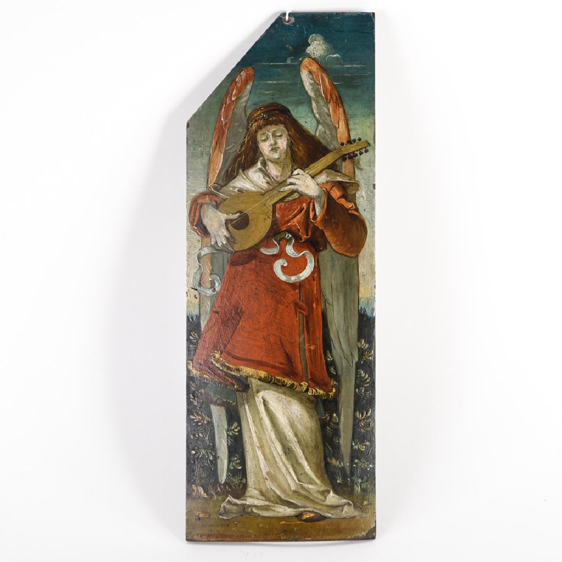 19TH C. AFTER RENAISSANCE PAINTING: Oil on panel after 15th c. Italian, possibly Carlo Crivelli. Dimensions: H 14.75" x 5.25" Condition: Panel is warped. Painting surface with small dents. Few small losses and dirty varnish.