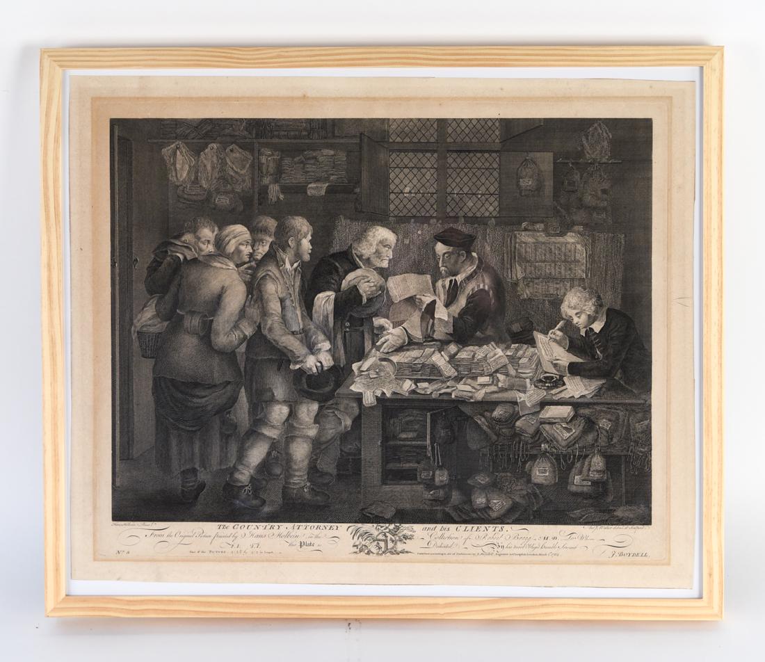 18TH C. ENGRAVING WALKER AFTER HOLBEIN: Published by J. Boydell 1761. Titled "The Country Attorney and his Clients." Dimensions: (Frame) H 21.25" x W 25.25" (Sight) H 18.50" x W 23" Condition: Paper toned. Further toning from old frame mark