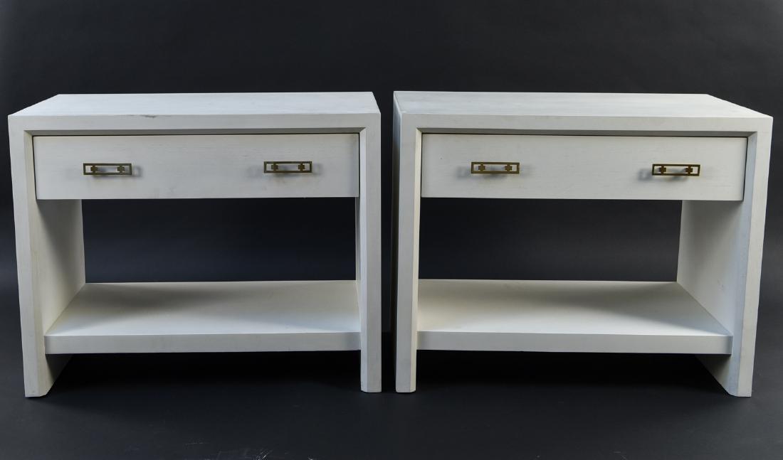 PAIR MITCHELL GOLD BOB WILLIAMS NIGHT STAND TABLES: Marked inside top drawer: Mitchell Gold and Bob Williams. Dimensions: H 27.25" x W 34" x D 19" Condition: Some scratches to paint finish, some surface marks. Some bends to drawer pulls. Spare drawer p