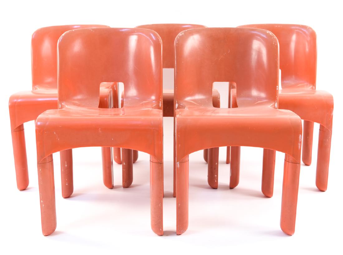 GROUPING OF JOE COLOMBO FOR KARTELL CHAIRS: Marked on bottom. Made in USA by Beylerian Ltd. Dimensions: H 28.5" x W 16.5" x D 16.75" x SH 16.5" Condition: Scratches, scuffs, and paint marks. As is.