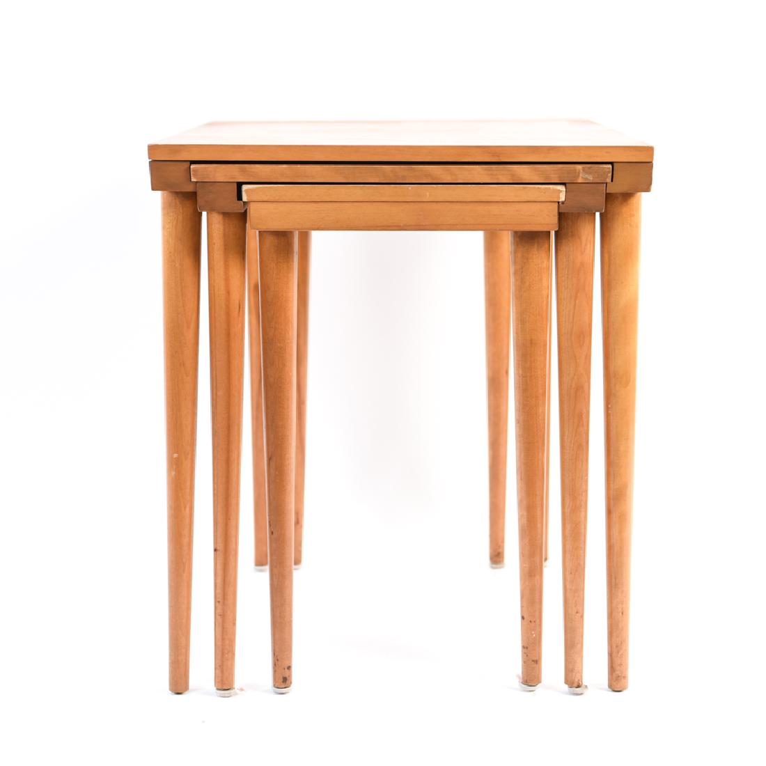 CONANT BALL MID-CENTURY NESTING TABLES: Marked underneath. Dimensions: H 24.25" x W 236" x D 21.25" Condition: Few scuffs, scratches, and dings. Some finish wear.