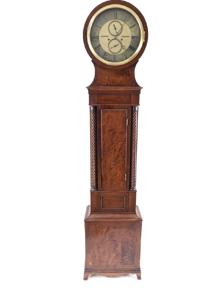 SCOTTISH GEORGE IV DRUM HEAD LONGCASE CLOCK: Mahogany by Ritchie and Son, EdinburghIncluding weights.Dimensions: H 81.5" x W 18" x D 9"Condition: Not tested. Some losses to veneer. Stress cracks. No pendulum. As is.
