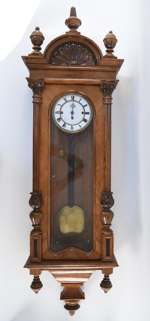 VIENNESE REGULATOR WALL CLOCK: Dimensions: H 57" x W 17" x D 7" Condition: Including pendulum and weights, not tested. Few hairlines to dial.