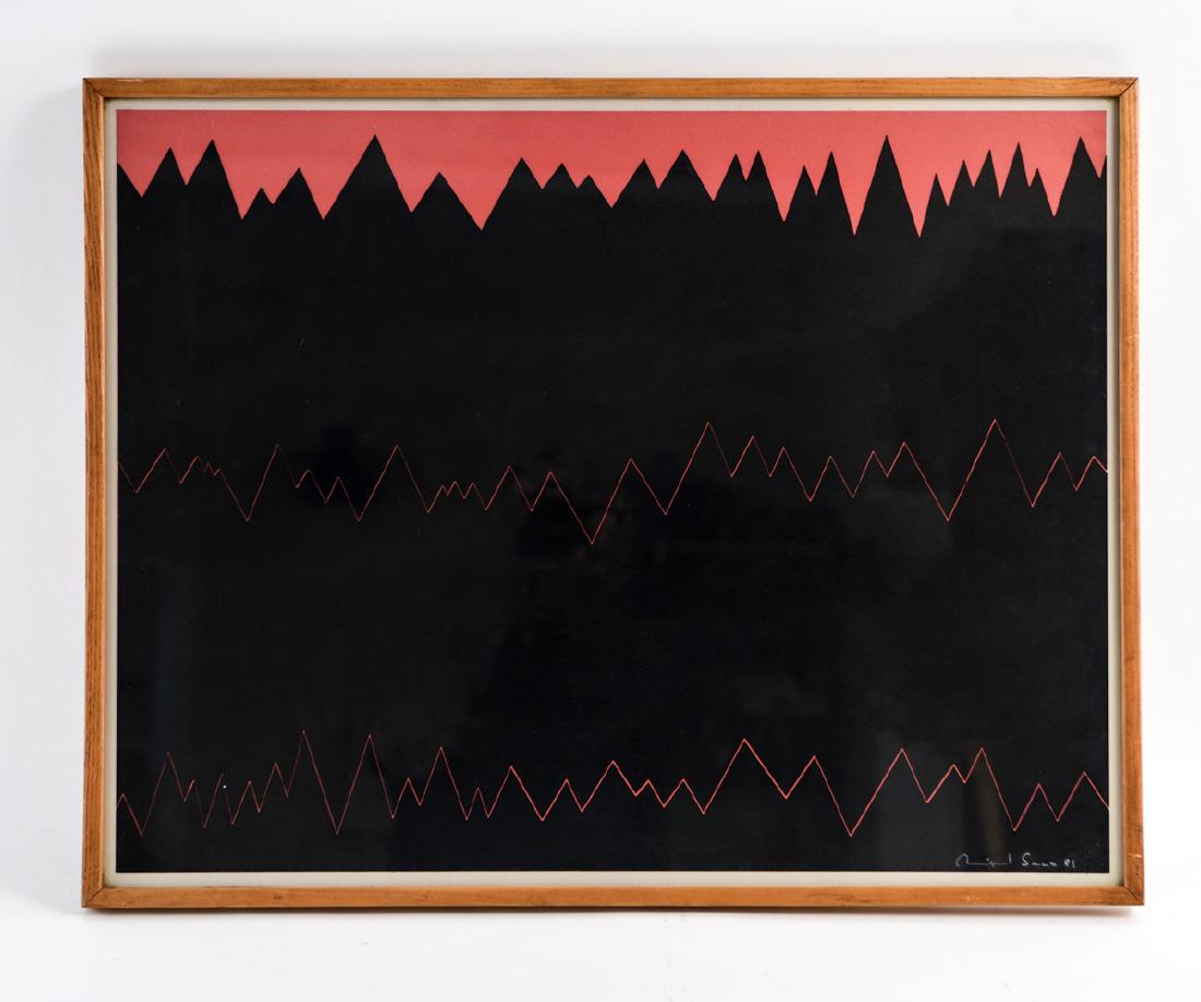 PAPER COLLAGE SIGNED SACO: Signed and dated '81 lower right. Dimensions: (Frame) H 21.5" x W 27.25", (Sight) H 20.25" x W 26" Condition: Light frame wear.