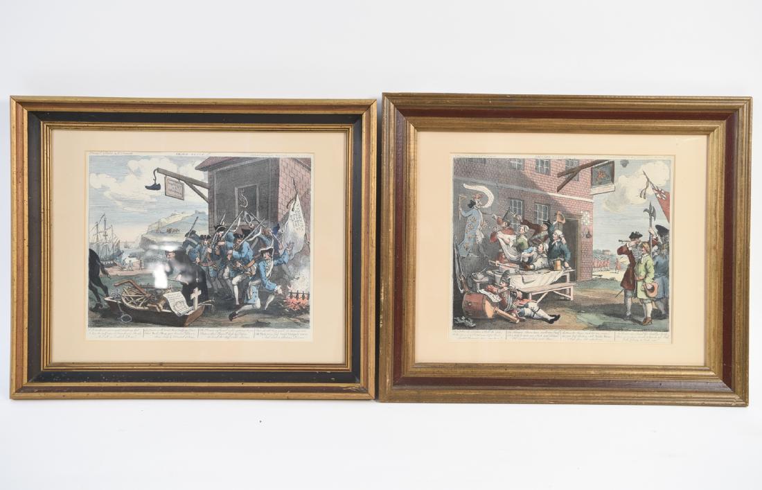 (2) PRINTS AFTER WILLIAM HOGARTH: The Invasion, Plate 2, England. The Invasion; Plate 1, France. Hand colored reproductions. Dimensions: (Red Frame) H 20.5" x W 24.25" (Red Sight) H 12.75" x W 15"; (Black Frame) H 20" x W 24 (Black Si