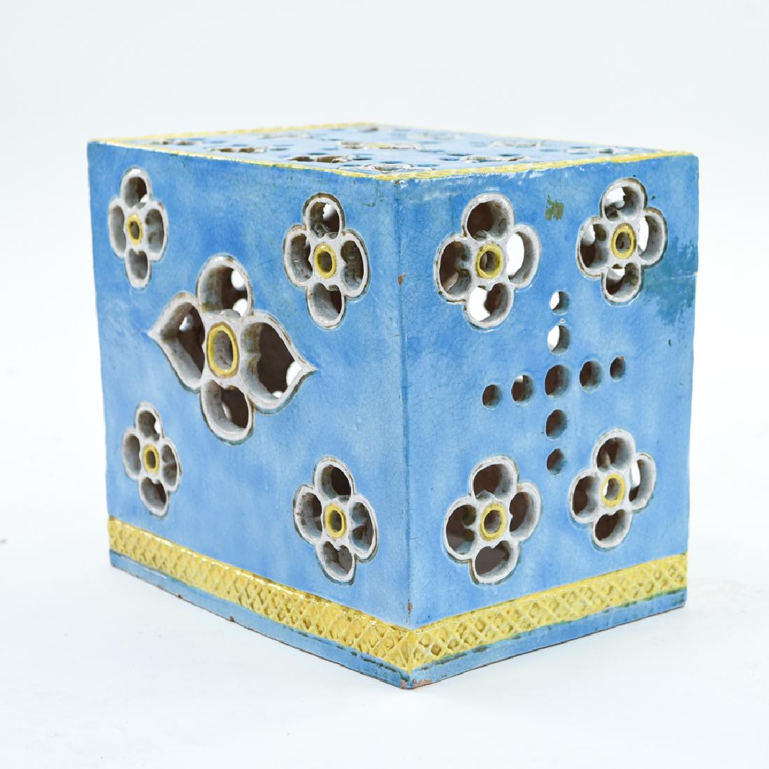 ITALIAN MAJOLICA PIERCED CERAMIC GARDEN SEAT: Dimensions: H 16" x W 18.5" x D 13" Condition: Crazing and chipping throughout. Few firing cracks.