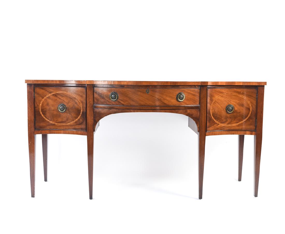FEDERAL STYLE MAHOGANY SIDEBOARD: Dimensions: H 36" x W 72" x D 26" Condition: Surface scratches and scuffs. Finish wear. Wear to edges including surface los.