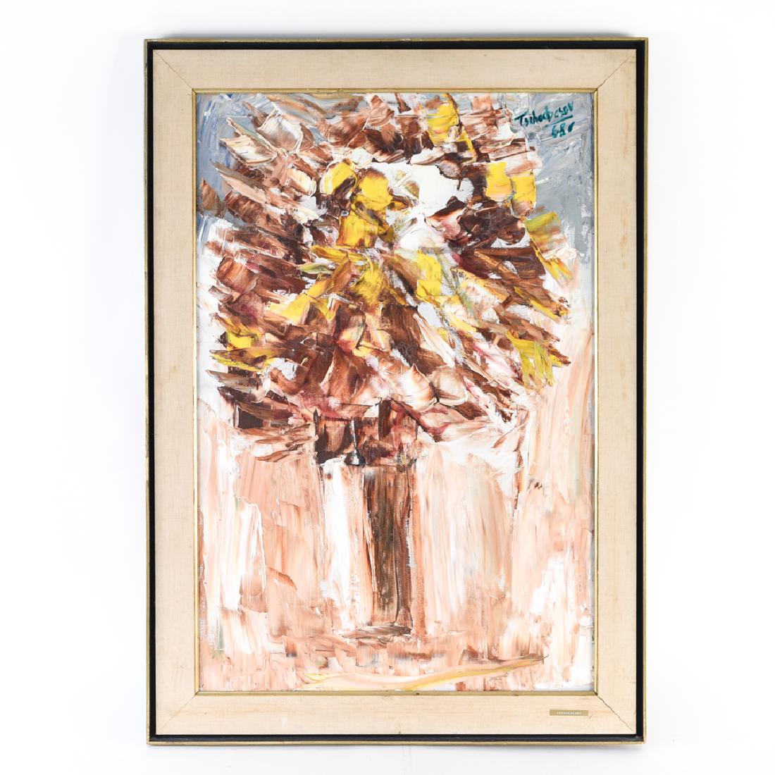 NAHUM TSCHACBASOV (1899 - 1984): Abstract still life painted with heavy impasto. Signed upper right and dated '68. Dimensions: (Frame) H 41.50" x W 29.75", (Canvas) H 36" x W 24" Condition: Staining to linen liner. Some frame damages