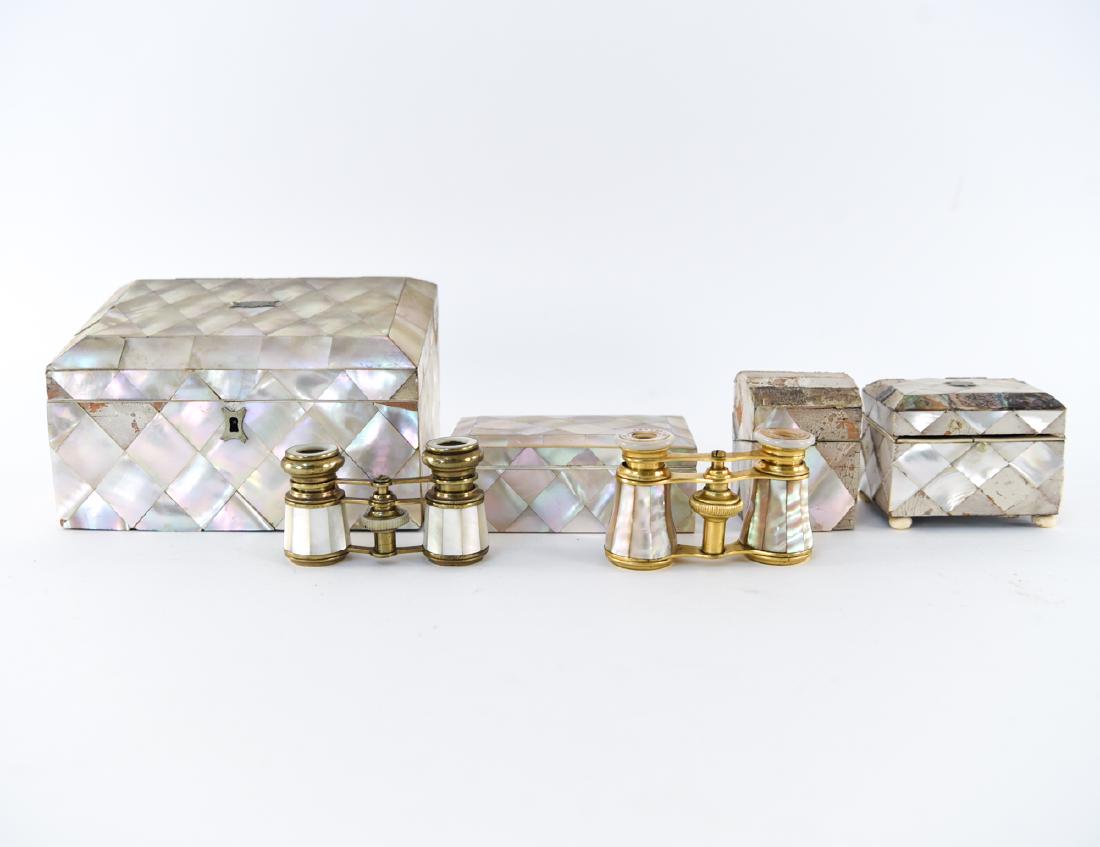GROUPING OF MOTHER OF PEARL INCL. OPERA GLASSES: (6) pieces including two pairs of opera glasses, four boxes. Dimensions: (Largest Box) H 4.5" x W 7" x D 4" Condition: Wear throughout including some losses of mother of pearl, abalone. Some lids deta