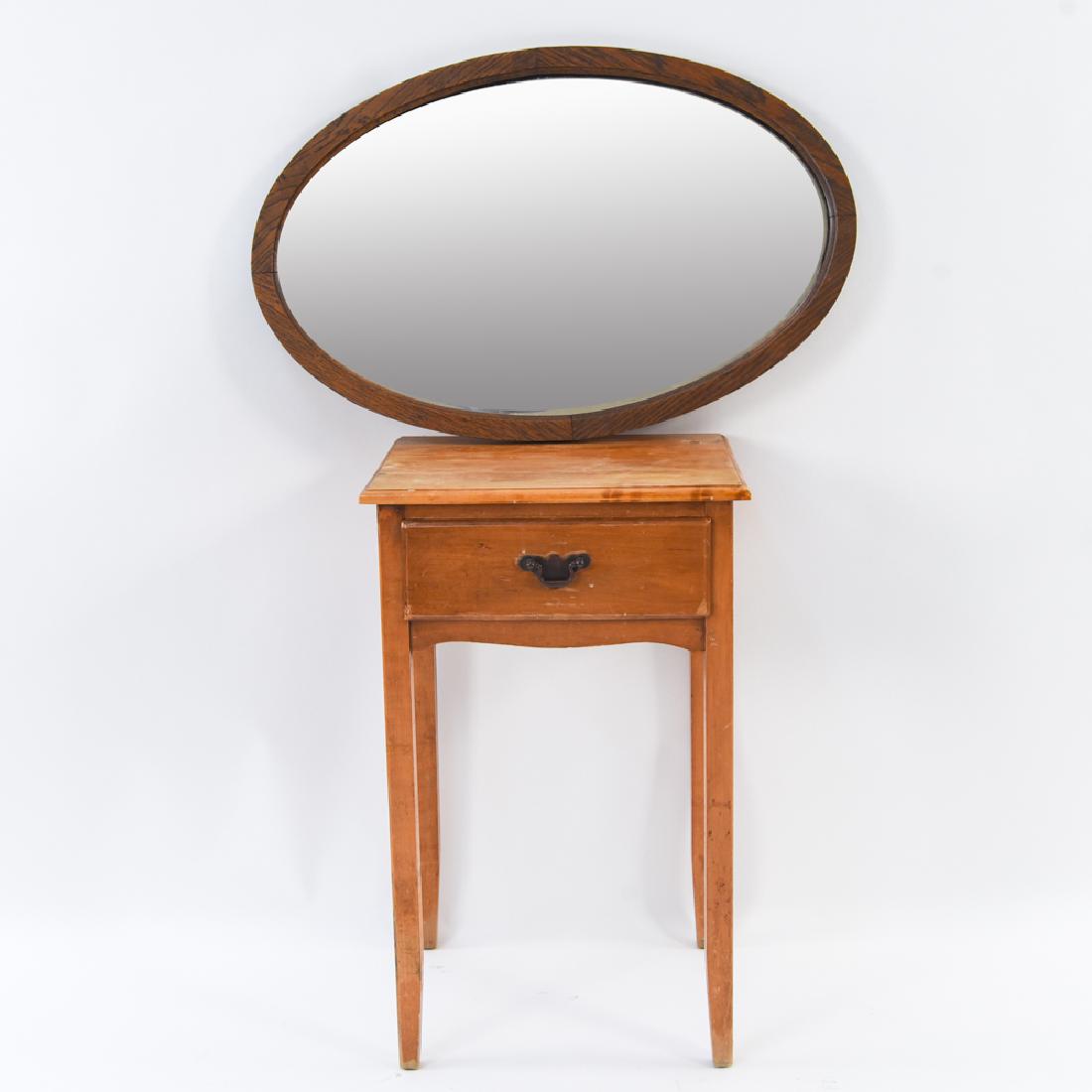 SIDE TABLE & MIRROR: Dimensions: (Table) H 26.25" x W 16" x D 13.75" Condition: Wear consistent with age and use. Finish wear, scratches, marks, few losses.