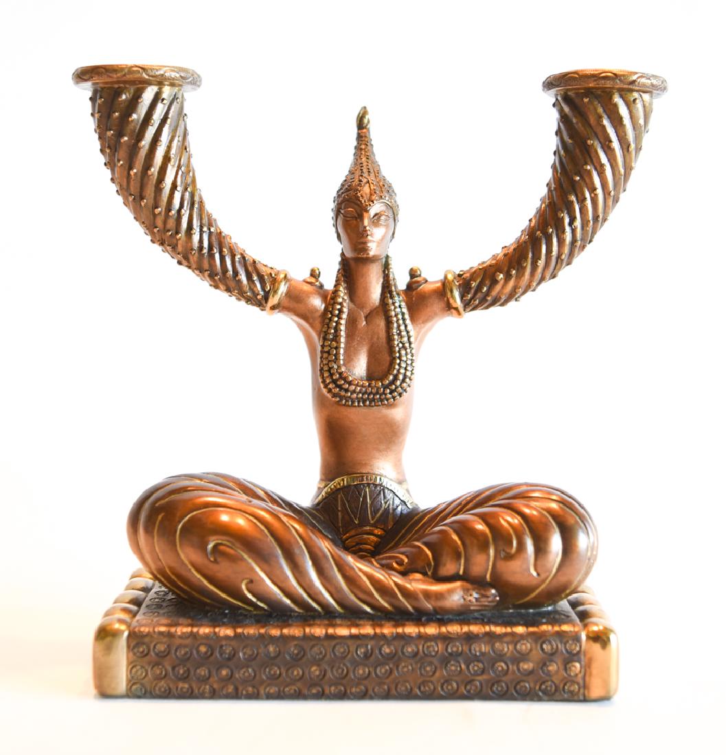 AFTER ERTE (ROMAIN DE TIRTOFF) BRONZE CANDELABRA: Marked Con-Ker, editioned, signed, and dated 1987 to back of base. "Abundance." Dimensions: H 9.5" x W 10" x D 4" Condition: No issues to note.