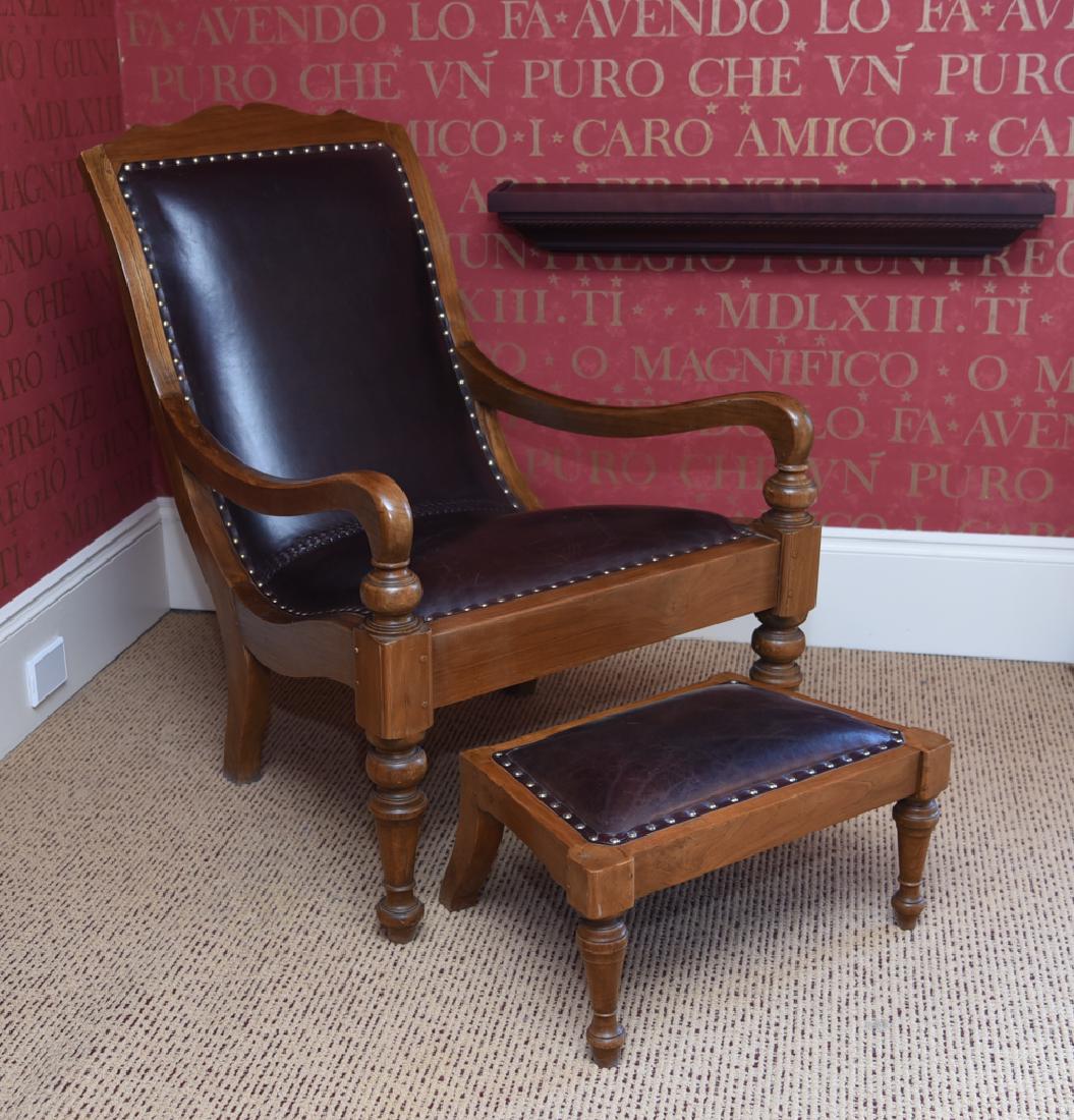 LOUNGE CHAIR & OTTOMAN: Brown leather upholstery with brass tacks and woven leather detail. Dimensions: (Chair) H 38.75" x W 29.5" x D 40.5" x SH 18" Condition: Few light scratches to seat leather. Showing overall light sign