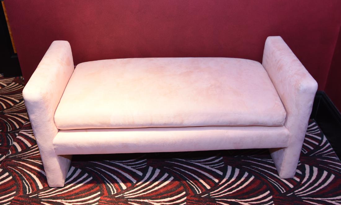 UPHOLSTERED BENCH: Dimensions: H 25" x W 54" x D 24" Condition: Showing overall light wear. Some small marks and stains.