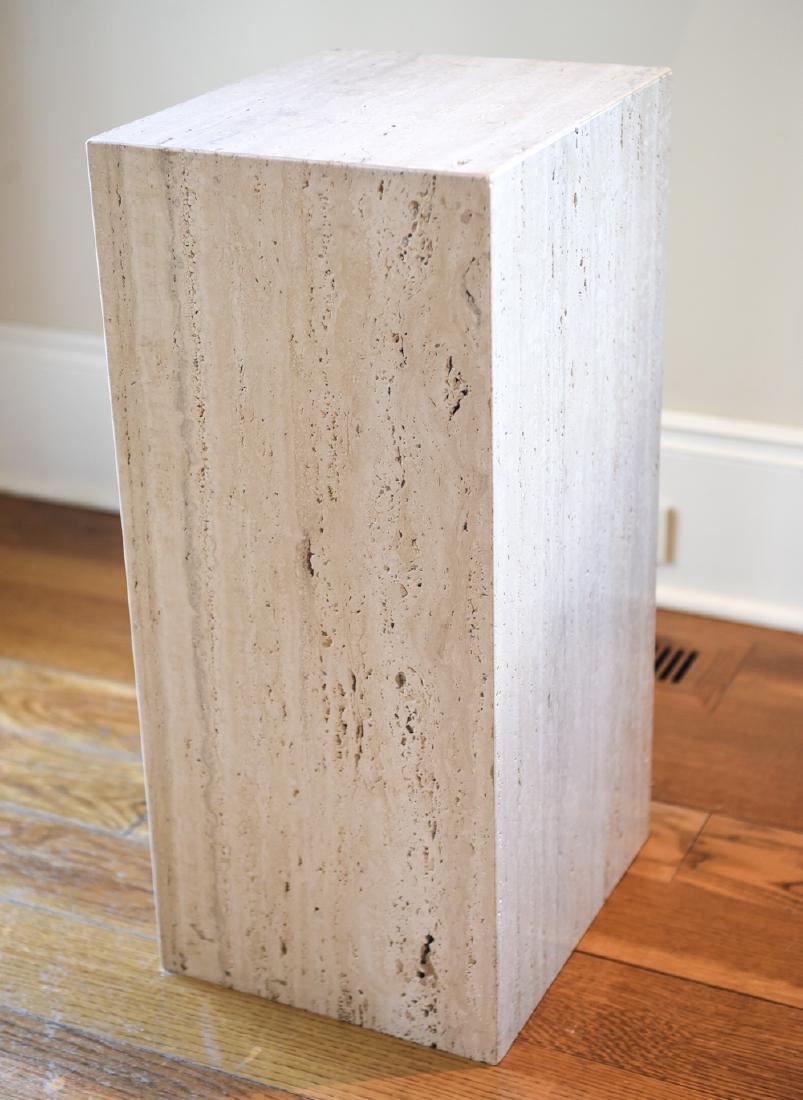 TRAVERTINE MARBLE PEDESTAL: Dimensions: H 27.5" x W 14" x D 12" Condition: No issues to note.