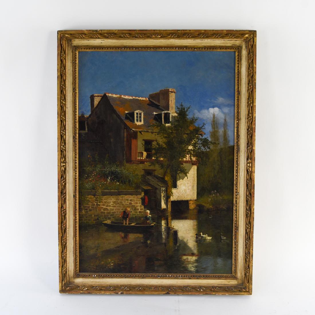 BURR NICHOLS (CONNECTICUT 1848-1915): Signed Burr H. Nichols, Brittany, 1880 lower left. Label verso: Carus Gallery, New York. Dimensions: (Frame) H 35.25" x W 26.25", (Canvas) H 31" x W 21.75" Condition: Craquelure. Chips and wear to fra