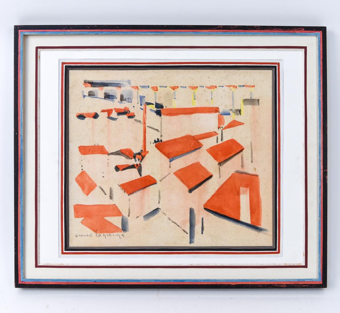 JACQUES LAGRANGE (1917-1955) MIXED MEDIA: Signed lower left. Dimensions: (Frame) H 22.5" x W 26.75", (Sight) H 15.25" x W 17.5" Condition: Foxing, some water damage. Light frame wear including paint loss.