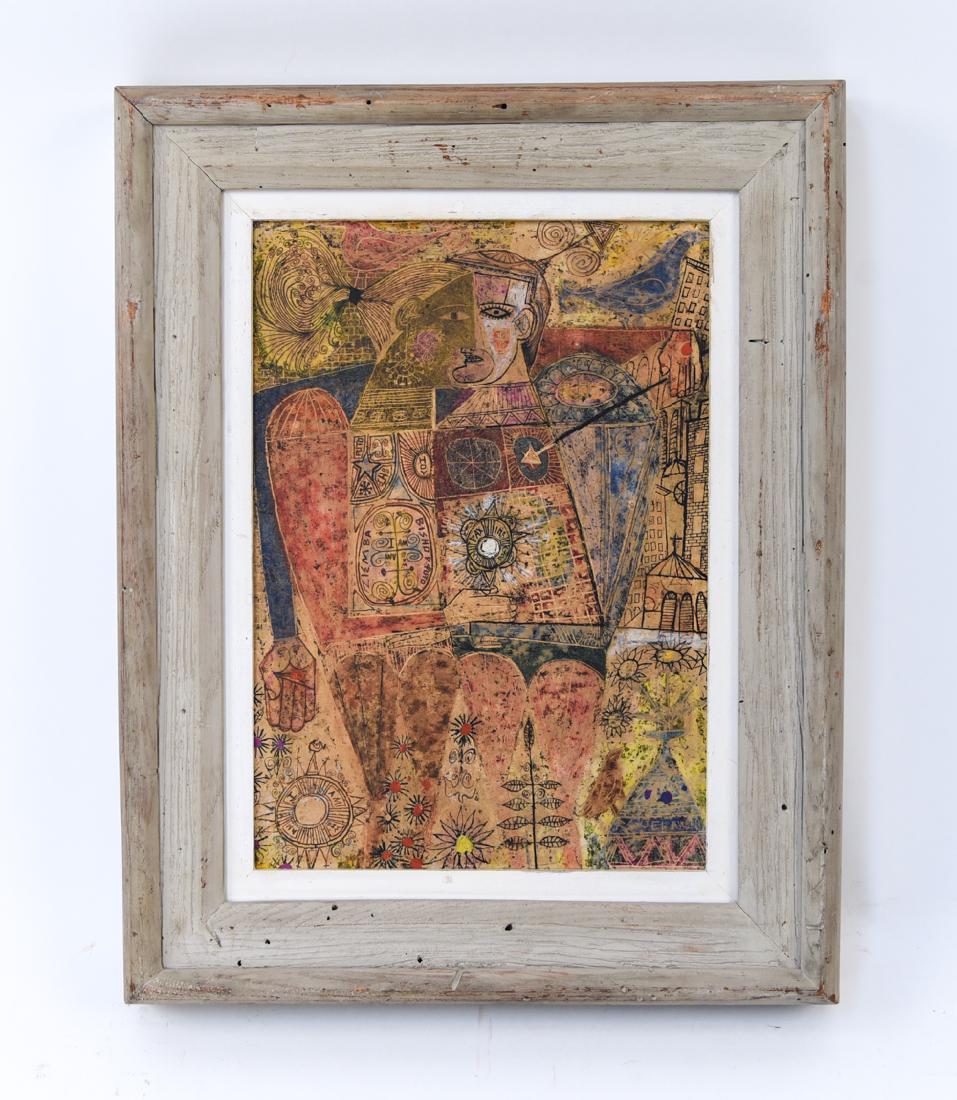 REX CLAWSON (1929-2008) OUTSIDER ART: Mixed media oil on board. Titled "The Escapists" to back of board. Signed lower right. Dimensions: (Frame) H 19.25" x W 15.25", (Board) H 14" x W 10" Condition: Frame intentionally distressed.