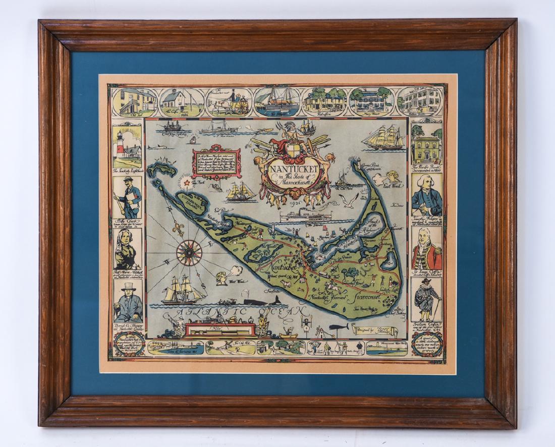 RARE 1926 NANTUCKET MAP BY TONY SARG: Dimensions: (Frame) H 21" x W 24.75", (Sight) H 14.5" x W 17.5" Condition: Some toning. Tear to lower right corner of map. Some buckling to paper.