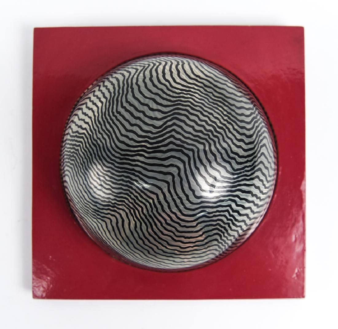 HENRY PEARSON'S MOIRASPHERE OP-ART SCULPTURE: 1970s. Inscription verso: Henry Pearson's Moirasphere, With Embellishments by Dan Rennick. Dedication verso. Dimensions: H 10.75" x W 10.5" x D 5" Condition: Few light surface scuffs.