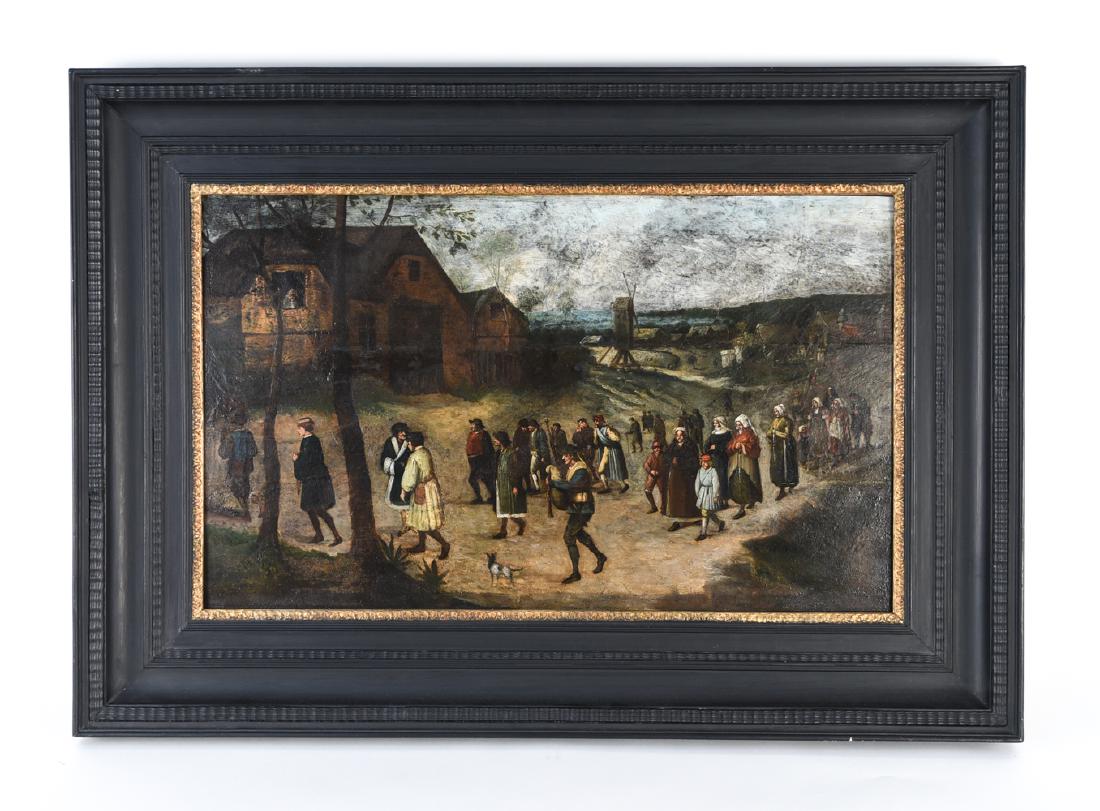 OLD MASTER SCHOOL OF BRUEGEL ON PANEL: 16th C. Procession in landscape with village. Dimensions; (Frame) H 27.75" x W 39.50" (Panel measures) H 18" x W 30" Panel split with old repair, painting restored, extensive rubbing and losses