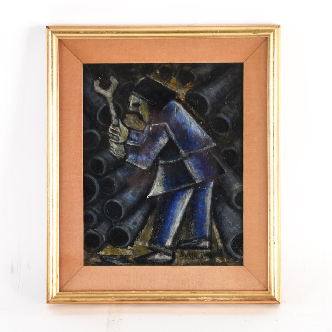 DAVID DAVIDOVICH BURLIUK, RUSSIAN (1882 - 1967): Oil on masonite of a worker. Early 20th Century. Signed lower right. In a shadow box frame. Dimensions: (Frame) H 16.25" x W 13.75", (Board) H 12.5" x W 10" Some rubbing to frame.