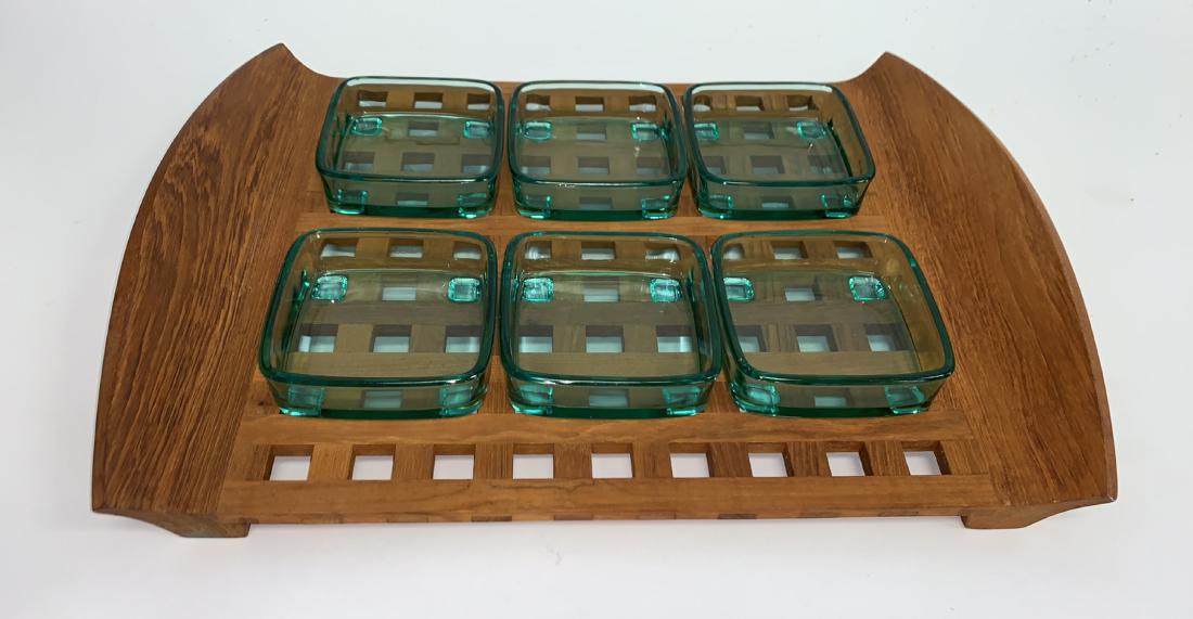 JENS QUISTGAARD FOR DANSK LATTICE TRAY W/ GLASS: INSERTS Dimensions: H 2.75" x W 18.75" x D 14.25" Condition: Showing very light wear consistent with age and use.