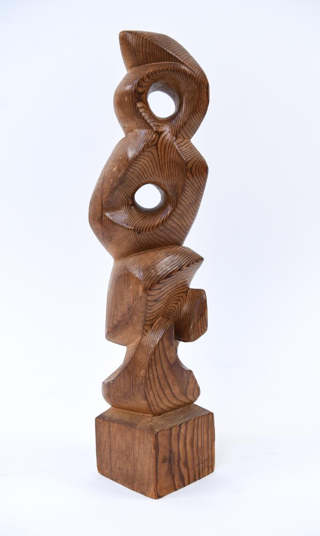 HEIFETZ STYLE MID-CENTURY CARVED WOOD SCULPTURE: Unsigned. Dimensions: H 18.5" x W 3.25" x D 3.25" Condition: Some light nicks and rubbing. One gouge.