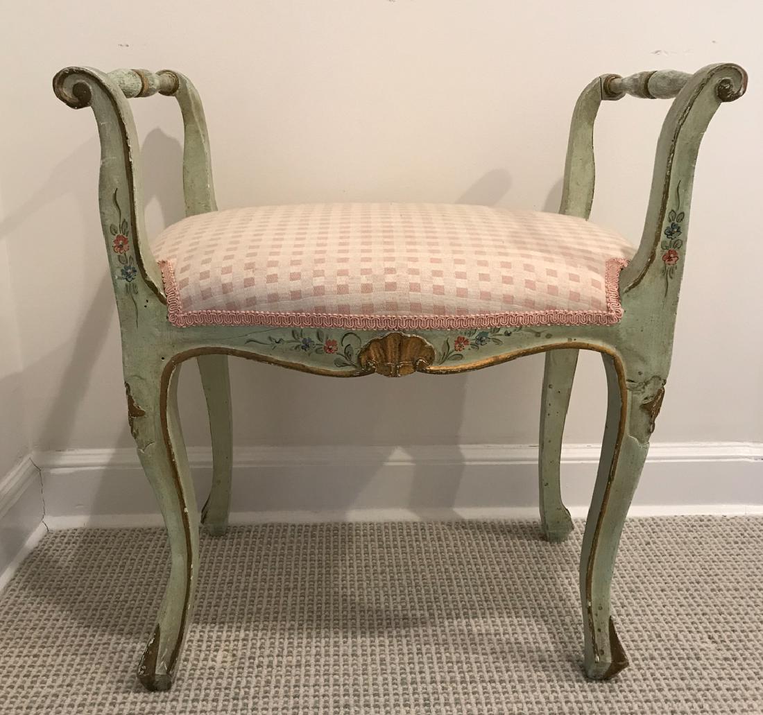 SMALL FRENCH PAINT DECORATED BENCH: Dimensions: H 24.5" x W 22.5" x D 13.5" Condition: Showing paint finish wear, stress cracks, and a couple small losses.