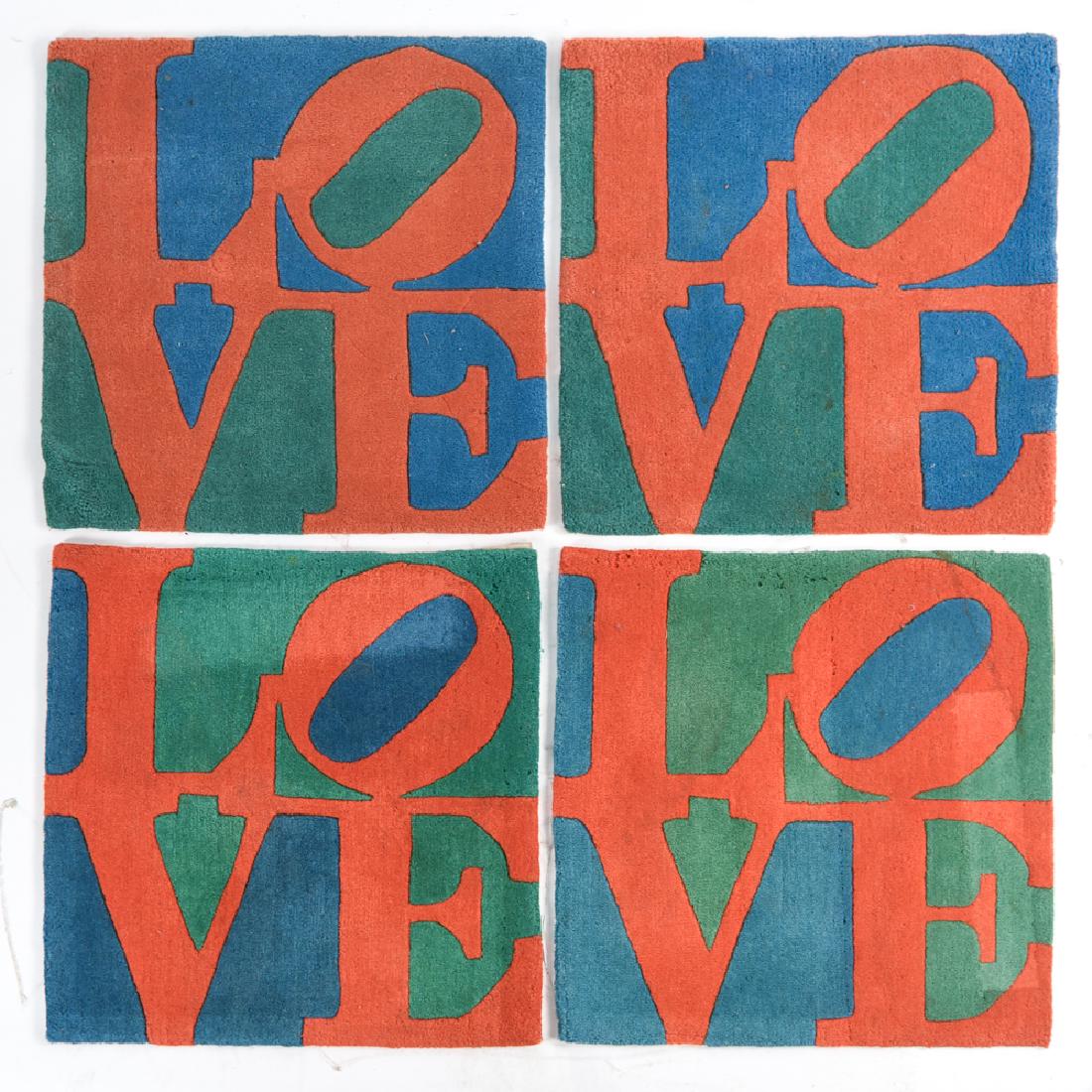(4) ROBERT INDIANA LOVE RUGS: Dimensions: L 23.5" x W 24" Condition: Need cleaning, some soiling.