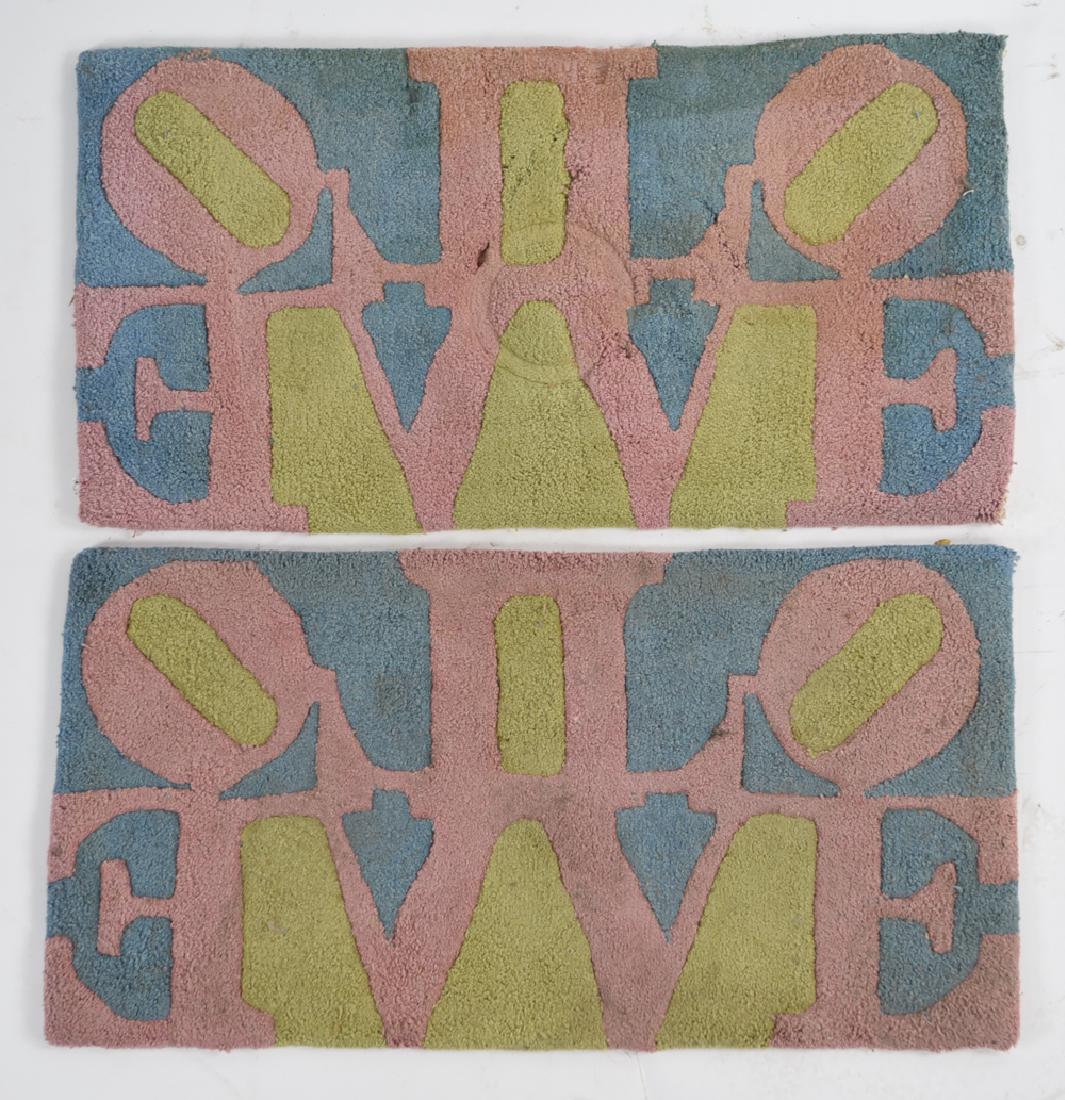 (2) ROBERT INDIANA LOVE RUGS: Dimensions: L 30" x W 15.5" Condition: Staining and soiling. In need of cleaning.