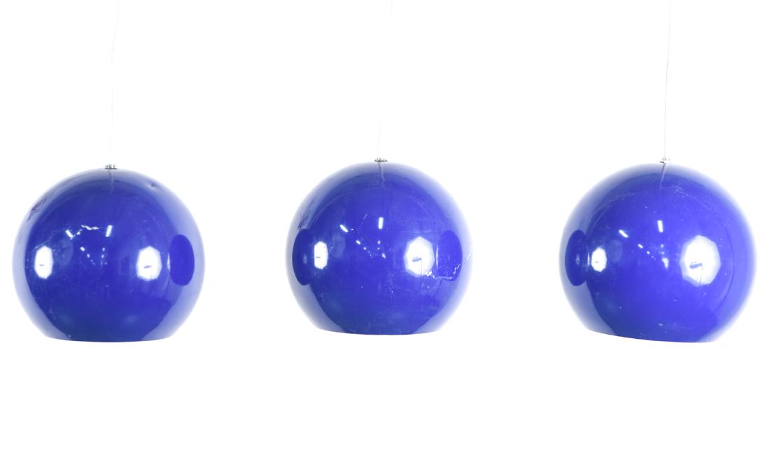 (3) LOUIS POULSEN BLUE PENDANT LIGHTS: Maker label inside. Dimensions: H 7" x Dia 9" Condition: Light scratching.