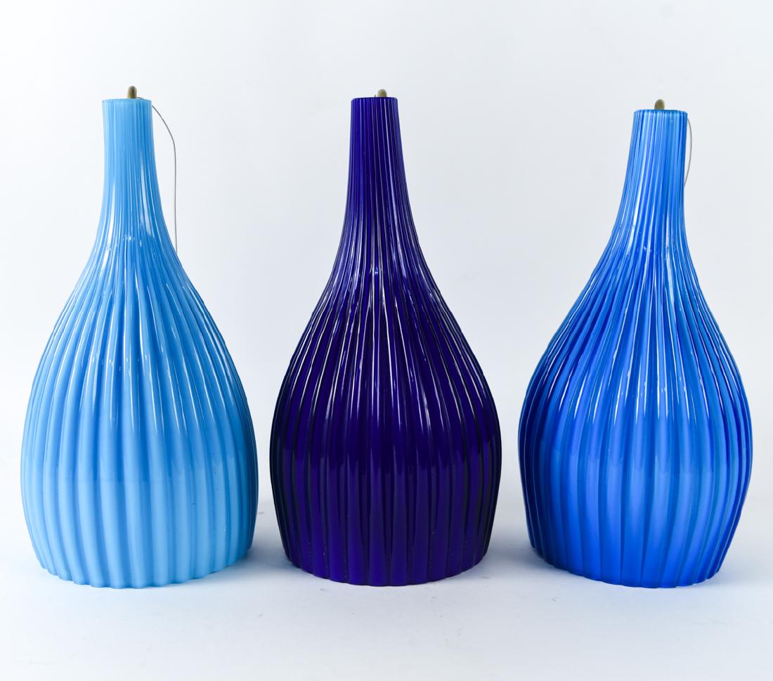 (3) BLUE MURANO GLASS PENDANT LIGHTS: Dimensions: H 13" x Dia. 6.5" Condition: Few small chips to rims. Not tested.