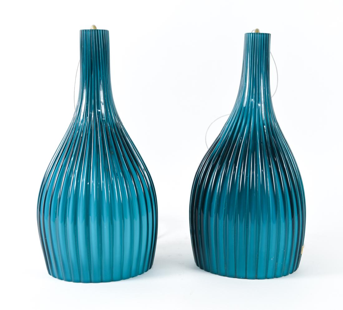 (2) TEAL MURANO GLASS PENDANT LIGHTS: Dimensions: H 13" x Dia. 6.5" Condition: Flea bites to rims. Not tested.