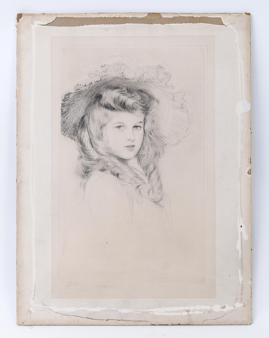 PAUL-CESAR HELLEU, FRENCH (1859 - 1927) ETCHING: Signed lower left. Dimensions: (Overall) H 28" x W 21.25" Condition: Tears and losses to paper from previous framing. Loss to paper near girl's arm. Handling wear. Hole in hair. Laid down. Toned.