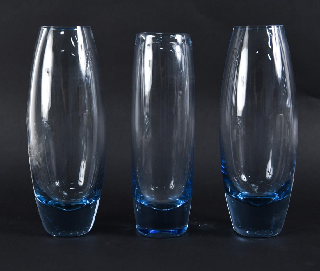 (3) PER LUTKEN FOR HOLMEGAARD GLASS VASES: All signed underneath. Dimensions: (Taller) H 9" x Dia. 3.25" Condition: Light surface scratches.