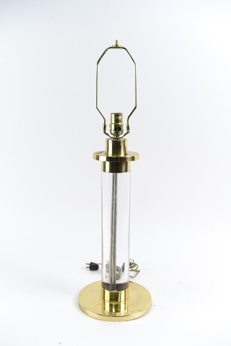 FREDERICK COOPER LUCITE AND BRASS LAMP: Dimensions: H (to socket) 20.75" x Dia. 8" Condition: Some pitting and wear to brass. No finial. Not tested.