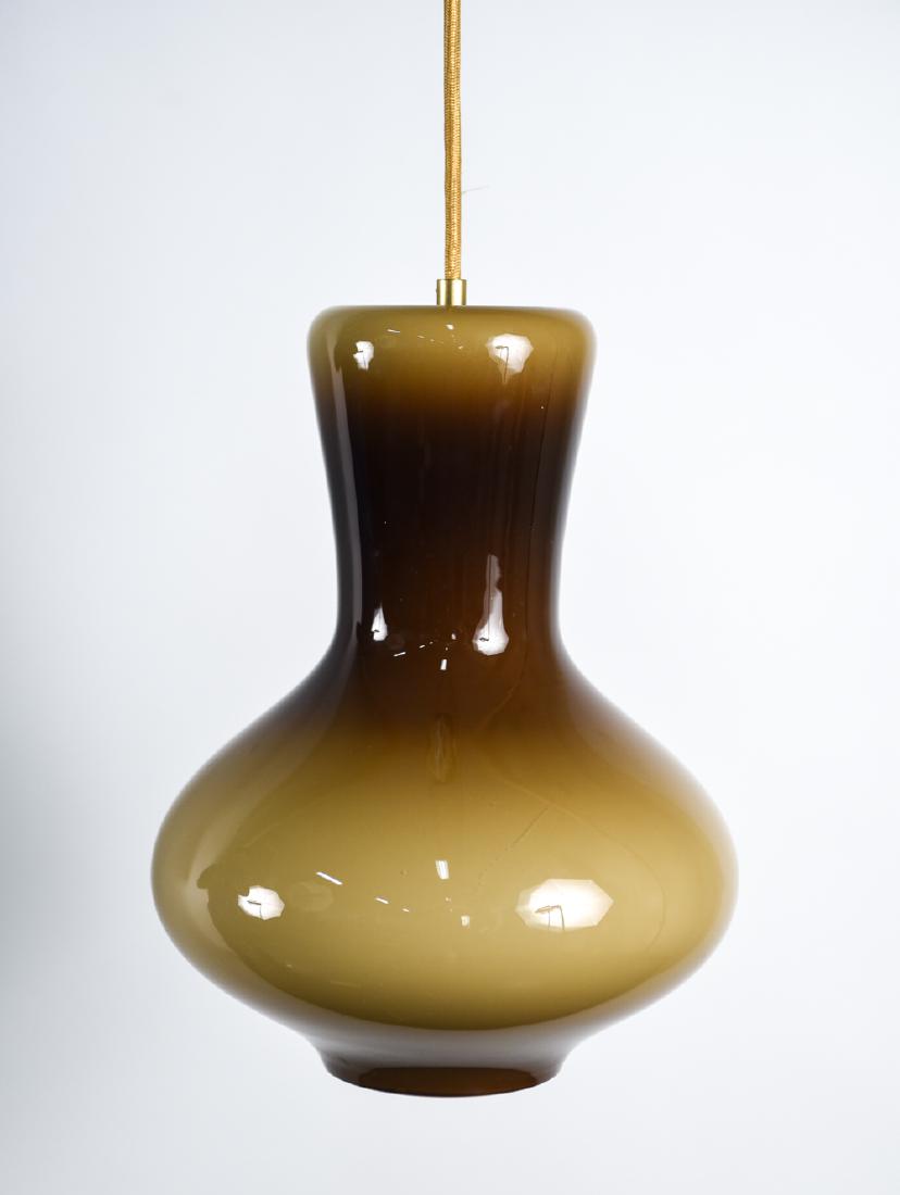 ITALIAN 1970S AMBER ART GLASS PENDANT LIGHT: Dimensions: (Pendant) H 13.5" x Dia. 10.25" Condition: Surface scratches to rim of pendant. Not tested.