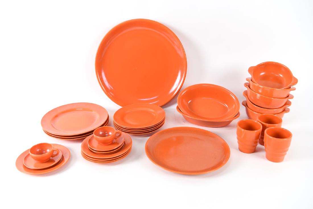 1930S GLADDING MCBEAN EL PATIO CERAMIC SERVICE: Marked underneath: GMCB. Dimensions: (Largest platter) H 1.75" x Dia. 13.5" Condition: Few pieces with small chips, repaired chips.