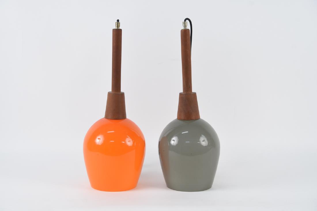 (2) GLASS & TEAK PENDANT LIGHTS: Dimensions: (Pendant) H 21" x Dia. 7" Condition: Not tested. Some finish wear to wood. Chip to inner rim of orange glass.