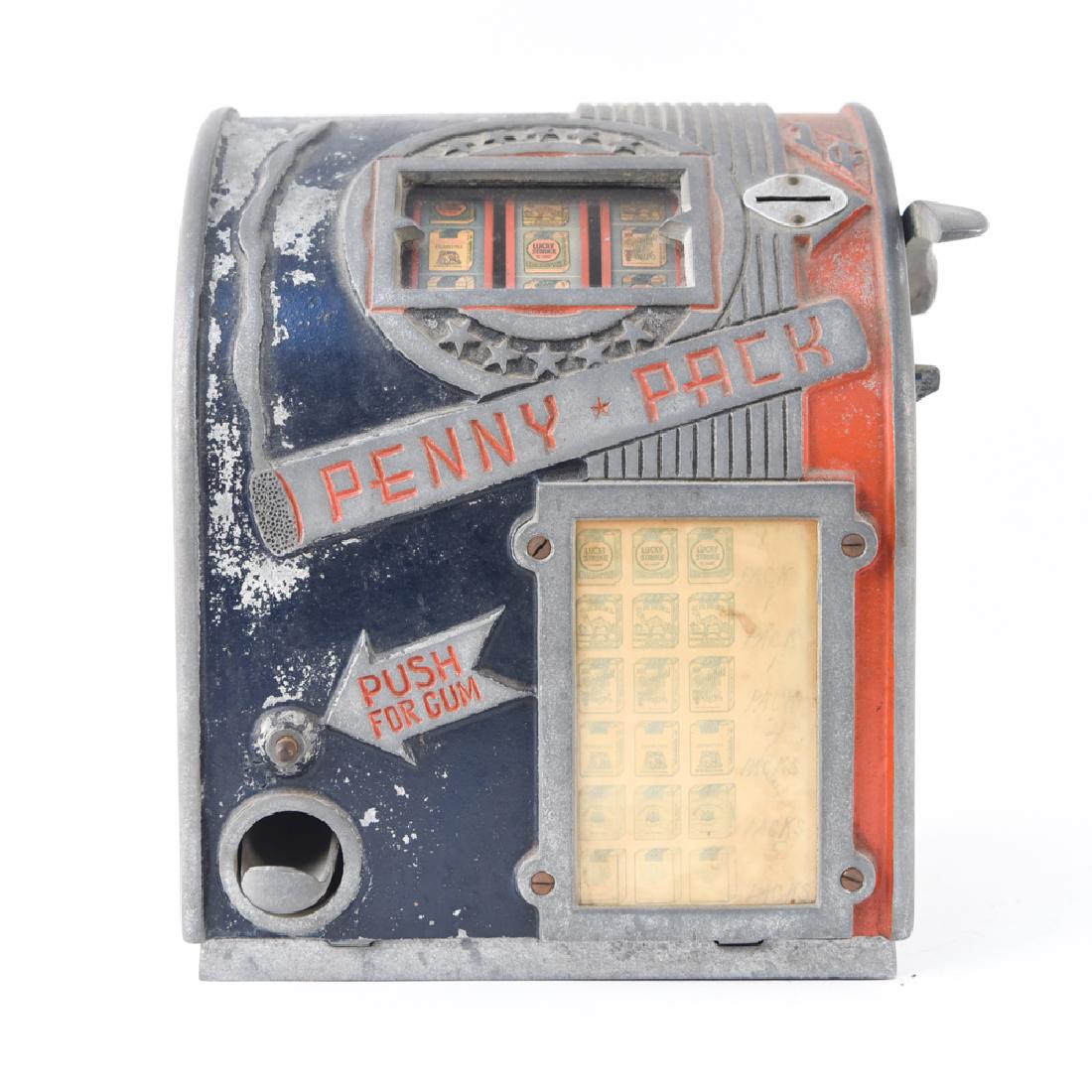PENNY PACK GUM TRADE STIMULATOR: Dimensions: H 11" x W 9.75" x D 9" Condition: Unrestored. Untested. Fading to paper inserts. Surface wear and paint loss. No key.