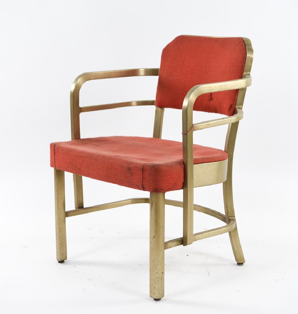 ALUMINUM ART DECO GOODFORM ARMCHAIR: Dimensions: H 31.5" x W 22.75" x D 19.25" x SH 17.25" Condition: As is. Pitting to metal. Soiling to upholstery. Some deterioration to seat cushion.