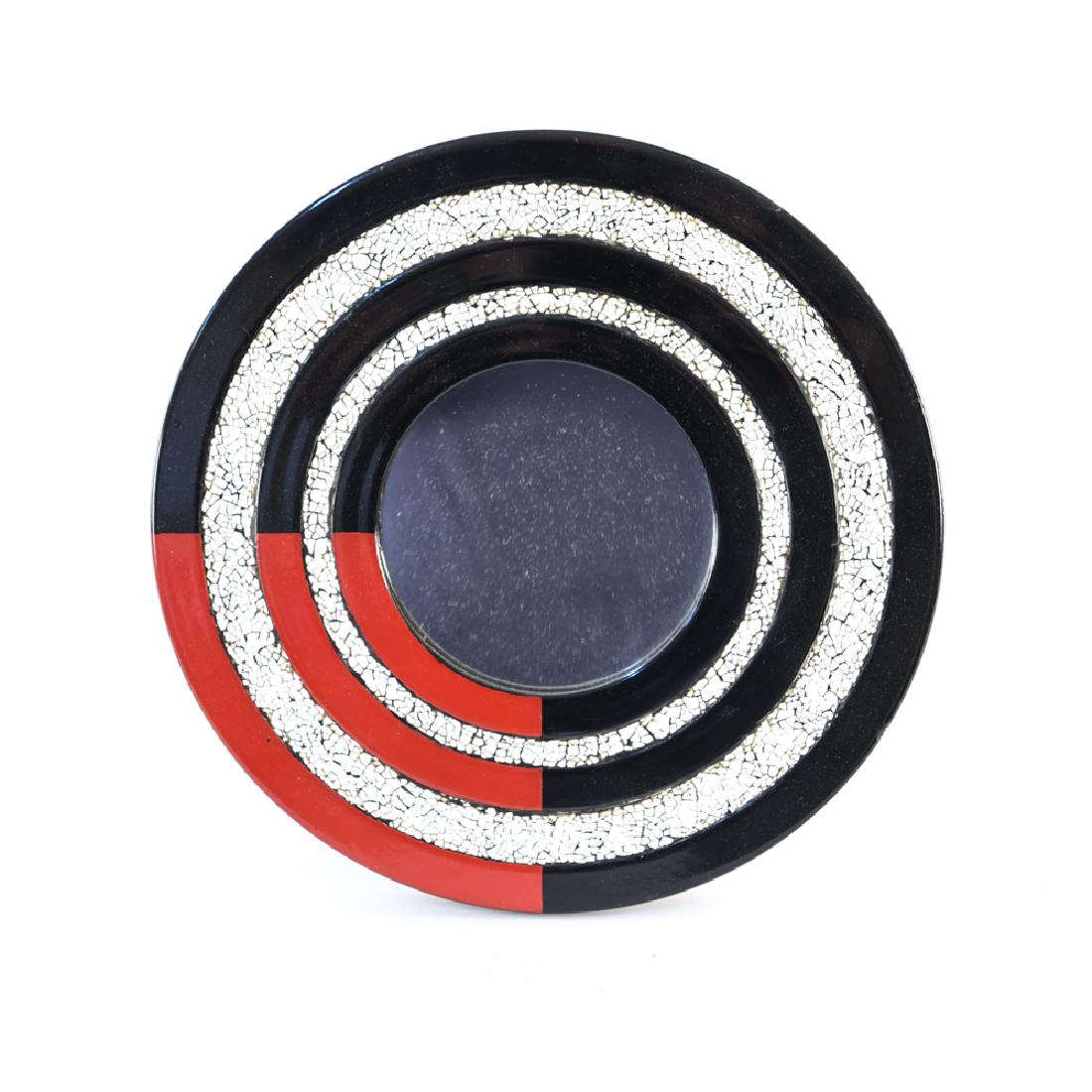 ART DECO VINTAGE BULLSEYE TABLE MIRROR: Decorative antique French enamel and eggshell over carved wood bullseye table mirror. Dimensions: H 11" x W 11" x D 5"Condition: Few impact marks to edges of frame. Light surface wear.