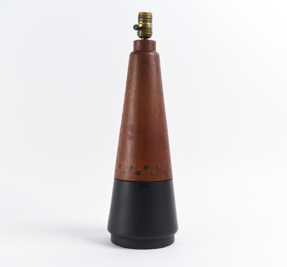 MID-CENTURY CONICAL WOOD & BRASS INLAY TABLE LAMP: Dimensions: H 20.5" x Dia. 6" Condition: Not tested. Slight finish wear and few small scuffs to wood.