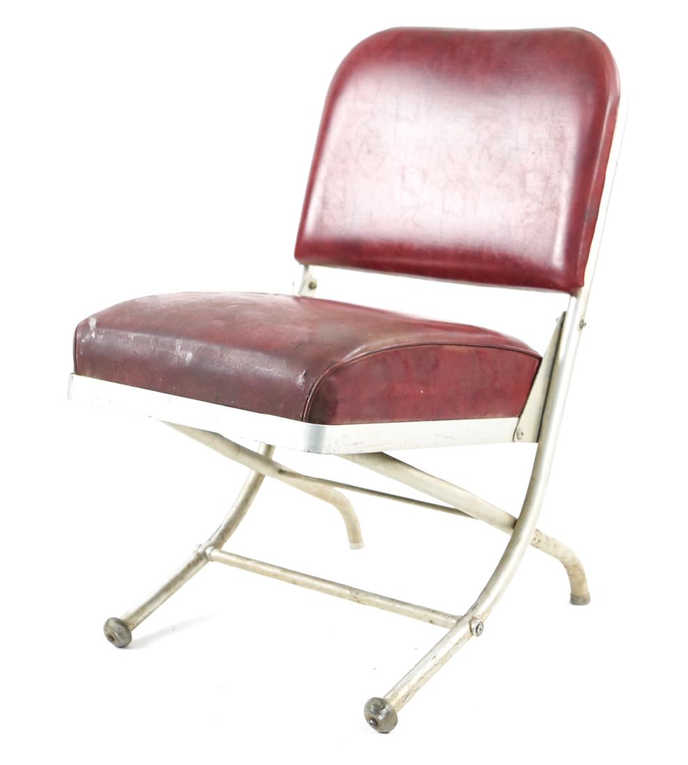 ART DECO WARREN MCARTHUR FOLDING SIDE CHAIR: Dimensions: H 31" x W 16.75" x D 19.75" x SH 18" Condition: Pitting and marks to metal. Soiling and wear to upholstery. Wear throughout.