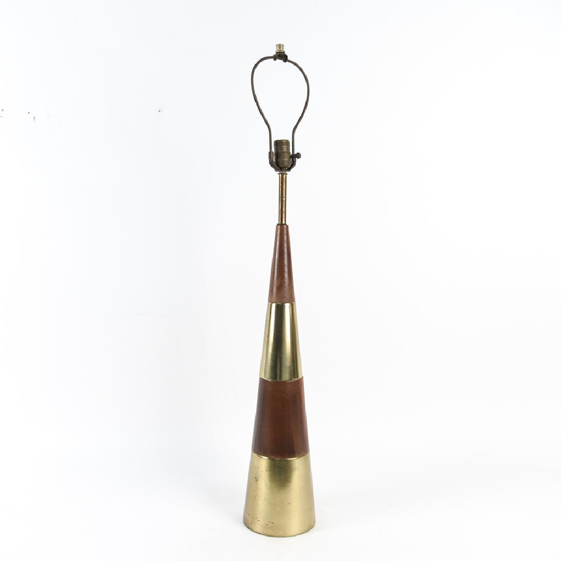 TONY PAUL FOR WESTWOOD CONICAL TABLE LAMP: Dimensions: H (to socket) 30.75" x Dia. 6" Condition: Finish wear and fading to wood. Pitting to brass.
