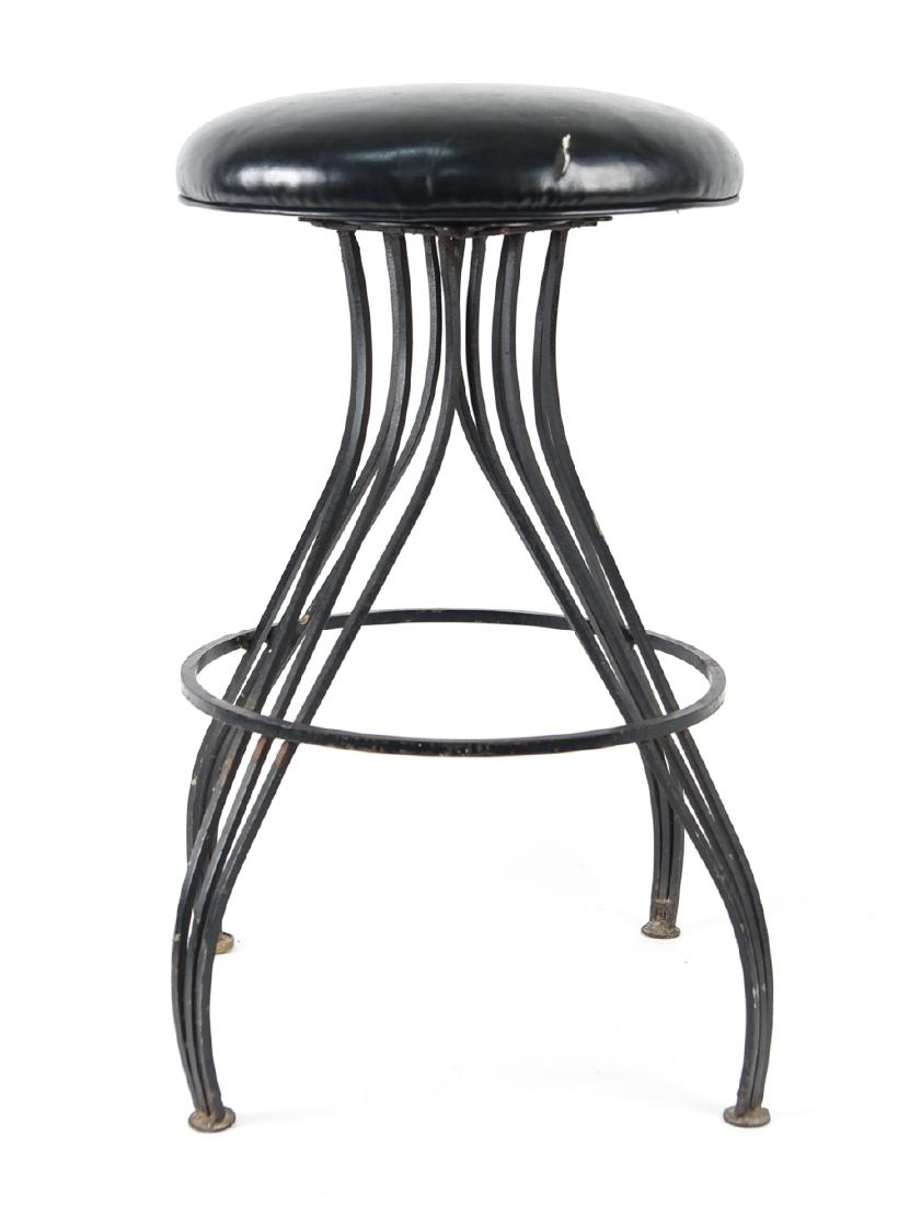 MID-CENTURY IRON BAR STOOL: Dimensions: H 28.5" x Dia. 16.5" Condition: Tear to seat. Rust and paint loss to base.